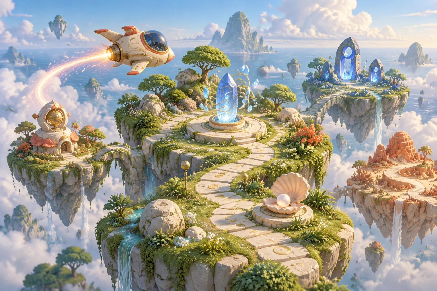 A richly illustrated floating garden world with a tiny original spacecraft, glowing crystals and winding game paths