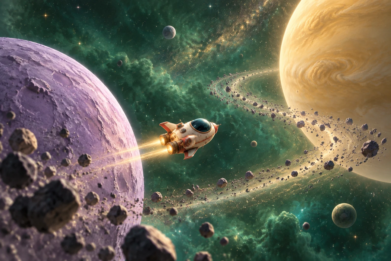 An original spacecraft moving through a field of orbiting planets and stars